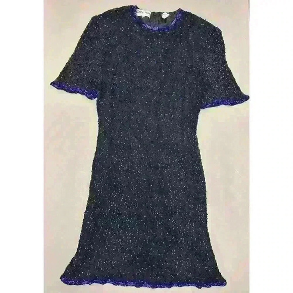 VTG SILKY NITES Fully Beaded Black Silk Blue Beads Shift Sheath Knee Length - Picture 1 of 8